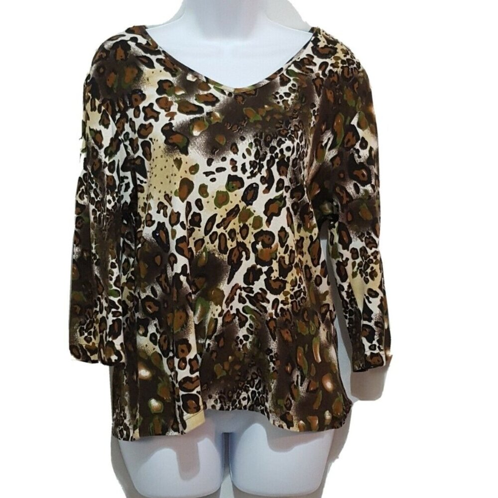 Westbound Womens Top Medium 3/4 Sleeve Animal Print Blouse Beaded Sequin Brown